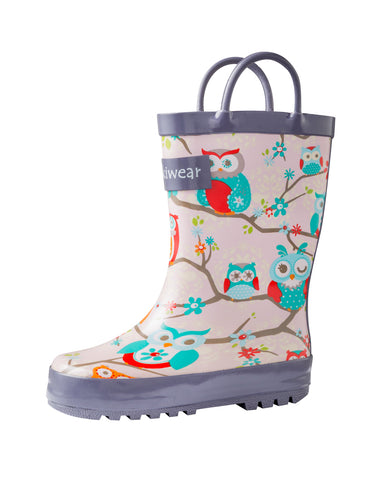 CHILDREN’S RUBBER RAIN BOOTS, PERCHED OWLS