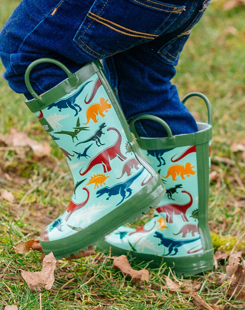 CHILDREN’S RUBBER RAIN BOOTS, EARTHY DINOSAURS
